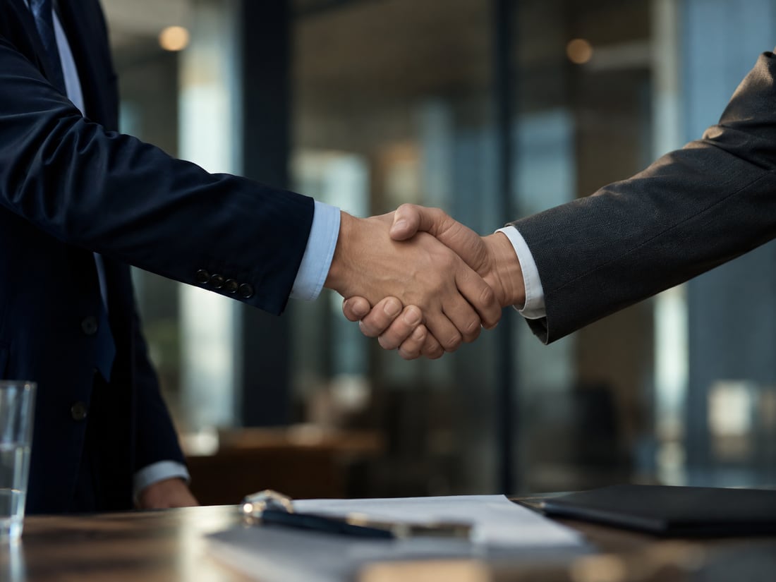 Two business professionals shaking hands after agreeing a Group Benefits plan